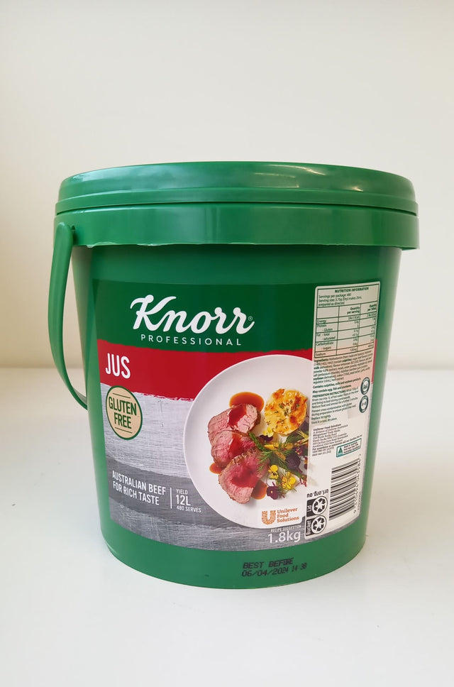 Knorr Gluten Free Gravy Jus Sauce Mix in a 1.8kg tub, perfect for adding rich flavor to roasts, stews, and casseroles.