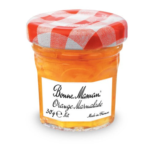 Carton of 60 convenient 30g jars of Bonne Maman Orange Marmalade, featuring rich, tangy flavor from hand-picked oranges.