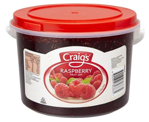 Raspberry Craigs jam in a large 2.5kg tub, perfect for spreading or baking with a rich, fruity flavor.