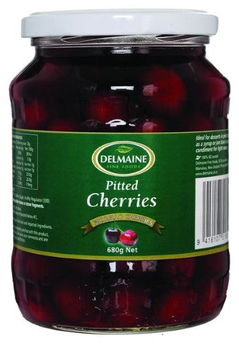 Pitted Morello cherries in a 680gm jar, perfect for baking, salads, and cocktails with rich flavor and sweetness.