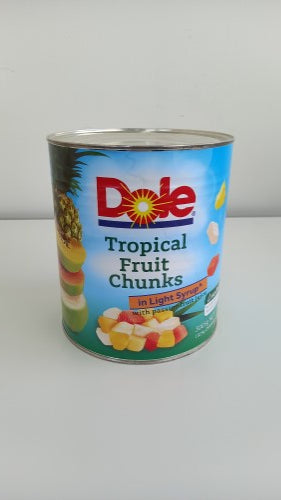 Colorful 3kg tin of Dole's tropical fruit salad in light syrup, featuring pineapples and papayas, ideal for healthy snacking.