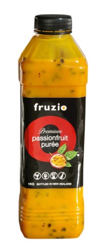 Bottle of Fruzio Passionfruit Puree 1kg, featuring vibrant, sweet, and tangy flavors for cocktails and desserts.