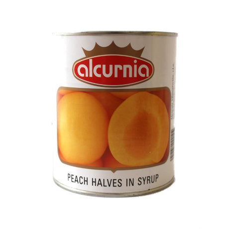 Alcurnia Peach Halves in a 850g tin, offering sweet, juicy slices for desserts, snacks, or baking, free from preservatives.