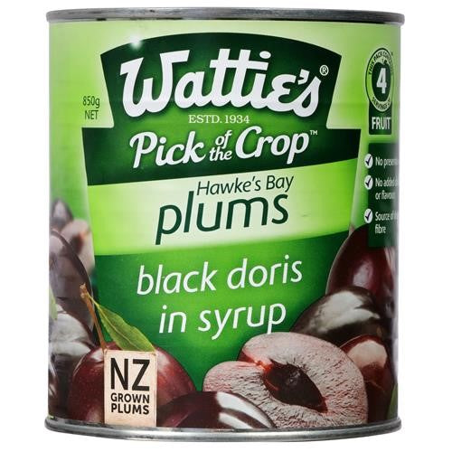 Canned black Doris plums in syrup, perfect for desserts and snacks, offering natural sweetness and rich flavor.