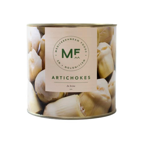 A10 tin of tender artichoke hearts in brine, perfect for enhancing salads, dips, and pasta dishes with gourmet flavor.