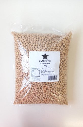 Dried chickpeas in a 3kg packet, perfect for stews, salads, and hummus, nutrient-rich and sustainably sourced.