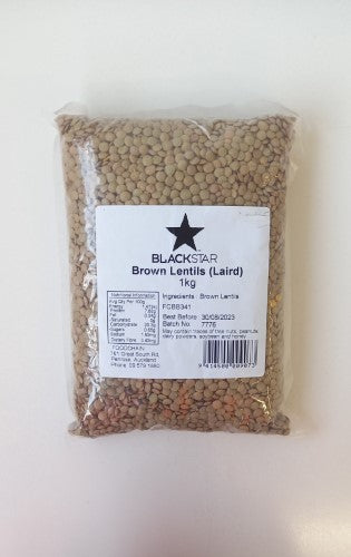 Brown lentils in a 1kg packet, nutritious, protein-rich, gluten-free, versatile for soups, stews, salads, and healthy meals.