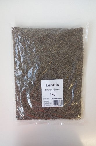 Green Lentils De Puy 1kg packet, premium French lentils known for rich flavor, firm texture, and high nutritional value.