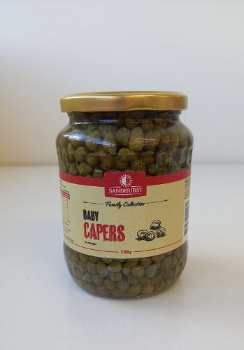 Sandhurst Baby Capers in Brine, 700g jar, adding tangy flavor and crunch to salads and gourmet dishes.