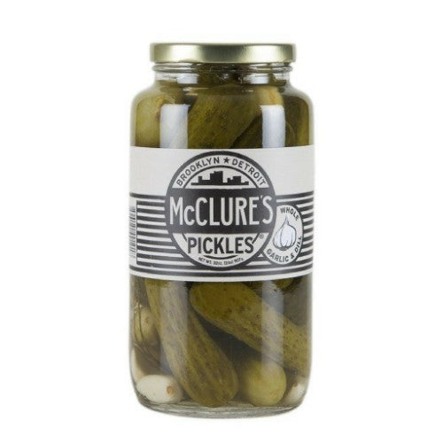 Whole Garlic & Dill Pickles in a 907g jar, offering crunchy texture and zesty flavor for snacks and dishes.