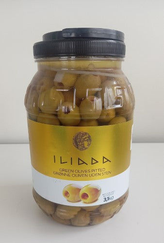 Premium Green Whole Iliada Olives in a 3.1kg jar, perfect for salads, pasta, or as a savory snack.