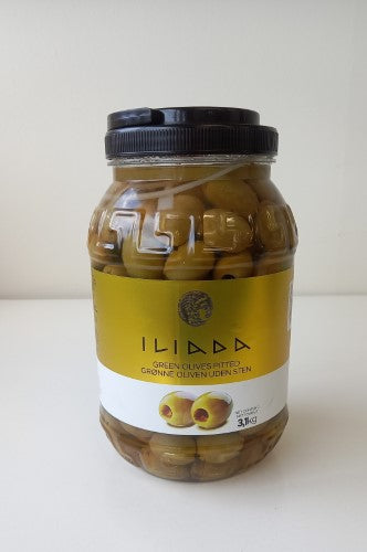 Jar of Green Pitted Iliada Olives, 3.1kg, packed with rich flavor and nutrients, perfect for cooking and snacking.