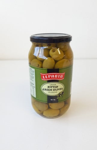 Green pitted Greek olives in brine, 1kg jar by Lepanto, perfect for enhancing salads, pasta, and appetizers.