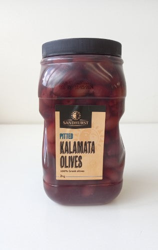 Kalamata olives in a 2kg jar, pitted for convenience, perfect for adding Mediterranean flavor to dishes.