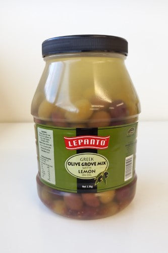 Mixed Lepanto olives in a 2.3kg jar, infused with zesty lemon for Mediterranean dishes and snacks.