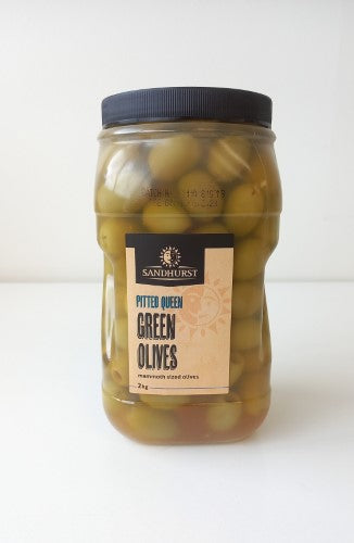 Green pitted olives in a 2kg jar, featuring the Sandhurst brand, perfect for salads and snacks.