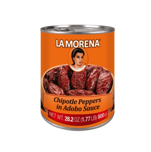 La Morena 800g tin of chipotle peppers in adobo sauce, offering smoky flavor for tacos, soups, and marinades.