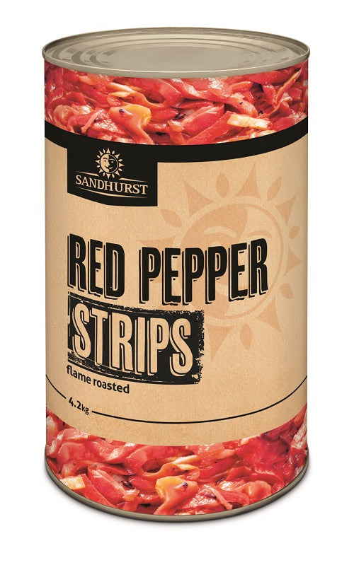 Vibrant red roasted pepper strips in a 4.2kg tin, ideal for enhancing salads, pizzas, and gourmet dishes.