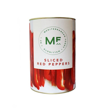 Vibrant sliced red pepper strips in a 4.2kg tin, perfect for enhancing salads, pizzas, and stir-fries with flavor.