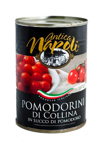 Plump Antica Napoli cherry tomatoes in a 400gm tin, perfect for enhancing salads, sauces, and culinary dishes.