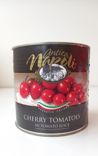 Succulent cherry tomatoes in zesty tomato juice, perfect for enriching pasta dishes and salads, 2.55kg tin from Antica Napoli.