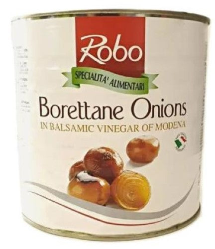 Onions Borettane marinated in balsamic vinegar, packed in a 2.6kg tin, perfect for gourmet cooking and enhancing dishes.