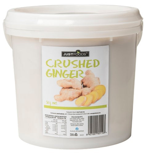 Ginger Crushed Just Foods 5kg pail, perfect for cooking and enhancing flavors in various dishes.