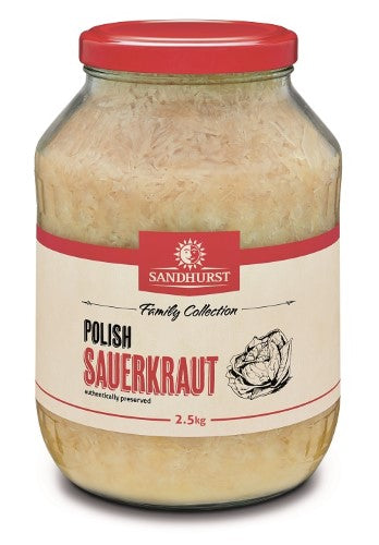 Jar of 2.5kg Sandhurst Sauerkraut Polish Pickled Cabbage, rich in probiotics and perfect for enhancing meals.