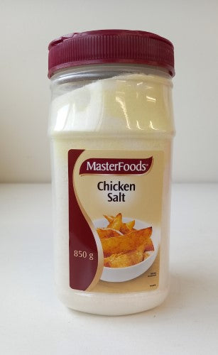 850gm tub of H & J Masterfoods Salt Chicken Seasoning, perfect for enhancing flavors in meat and vegetables.