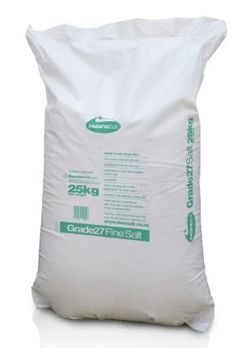 Premium 25kg bag of Salt Plain Solar Grade 27 Fine Pacific Salt, ideal for food processing, water softening, and chemicals.