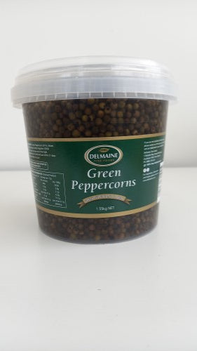 Whole green peppercorns in brine by Delmaine, 1.55kg jar, perfect for enhancing flavors and adding tangy zest to dishes.