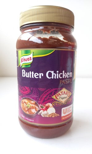 Rich and flavorful Patak's Knorr butter chicken paste in a 1.15kg jar for authentic Indian meals at home.