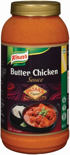 Patak's Knorr 2.2L jar of Butter Chicken Sauce, ideal for quick, flavorful Indian meals with meat or vegetables.