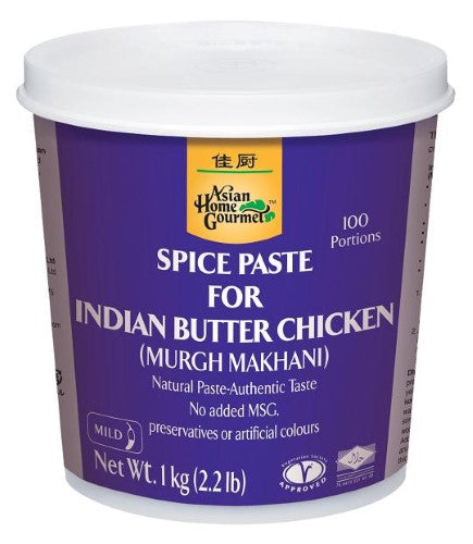 1kg tub of Asian Home Gourmet Paste Butter Chicken, rich, velvety sauce perfect for marinating and grilling proteins.