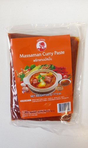 Authentic 500g Massaman curry paste featuring aromatic spices for sweet and savory Thai dishes, gluten-free and convenient.