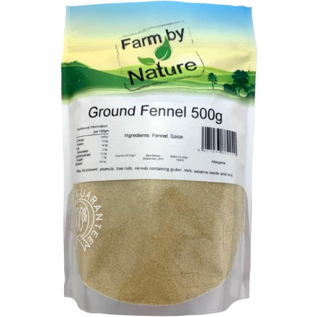 Ground fennel in a 500g resealable packet, offering aromatic flavor for savory dishes, baked goods, and herbal teas.