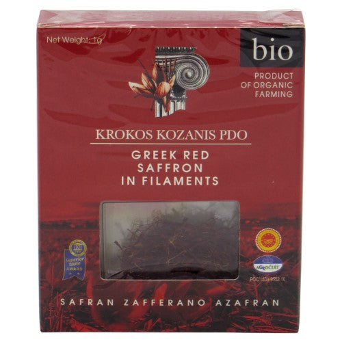 Organic saffron threads in a 1g packet, highlighting rich color, aroma, and exquisite flavor for culinary delights.