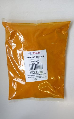 Ground turmeric powder in a 1kg packet, rich in curcumin and ideal for cooking, baking, and natural skincare.