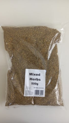 Dried mixed herbs packet featuring basil, oregano, thyme, rosemary, and parsley for enhancing flavors in cooking.