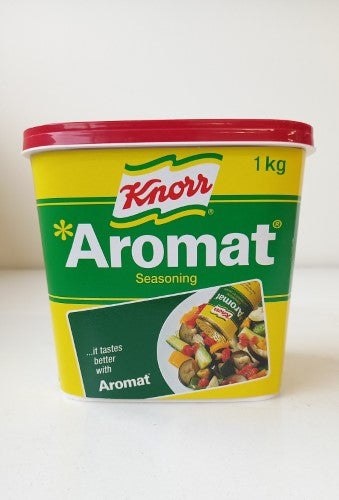 Knorr Aromat 1kg tub, a versatile seasoning blend for enhancing flavors in various dishes like meats, soups, and vegetables.