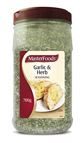 Masterfoods 700gm tub of garlic and herb seasoning, perfect for enhancing various dishes with rich flavor.