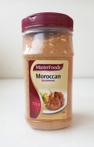 Masterfoods Moroccan Seasoning tub, 755g, showcases vibrant spices for authentic Moroccan dishes, enhancing flavors in meats and veggies.