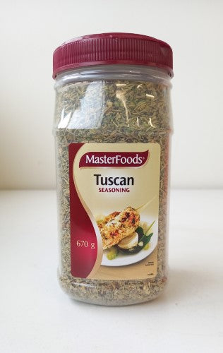 Masterfoods Tuscan Seasoning 670g tub featuring a blend of herbs for enhancing Italian dishes and adding rich flavor.