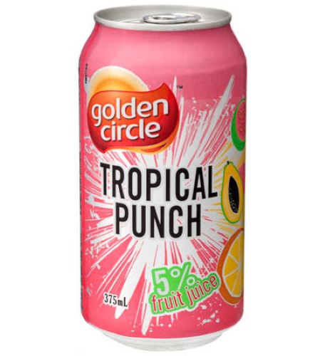 Golden Circle Tropical Punch carton with 24 x 375ml bottles, featuring a refreshing blend of fruity flavors for any occasion.