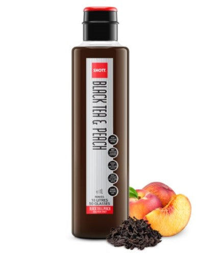 Shott Syrup Peach & Black Tea 1 Lt - Bottle featuring rich peach flavor and robust black tea for refreshing drinks.