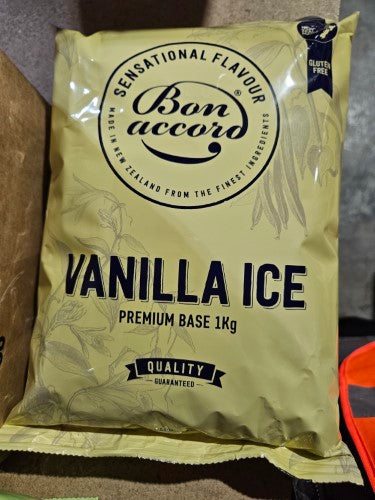 Creamy Vanilla Ice Frappe Powder GF 1kg packet by Bon Accord, perfect for delightful frappes and beverages.