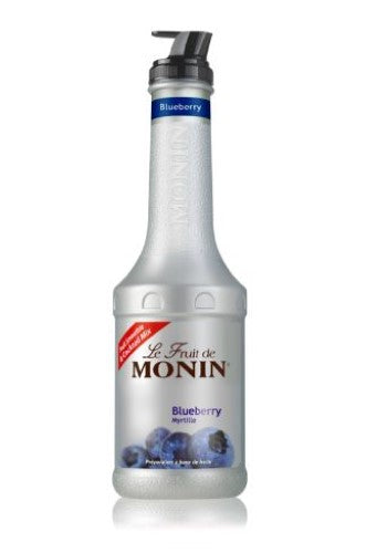 Monin Blueberry Fruit Puree 1L bottle, packed with authentic blueberry flavor for cocktails, desserts, and smoothies.