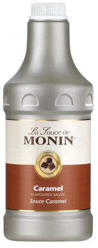 Monin Caramel Sauce 1.89L bottle, rich and smooth, perfect for desserts, beverages, and gourmet culinary creations.