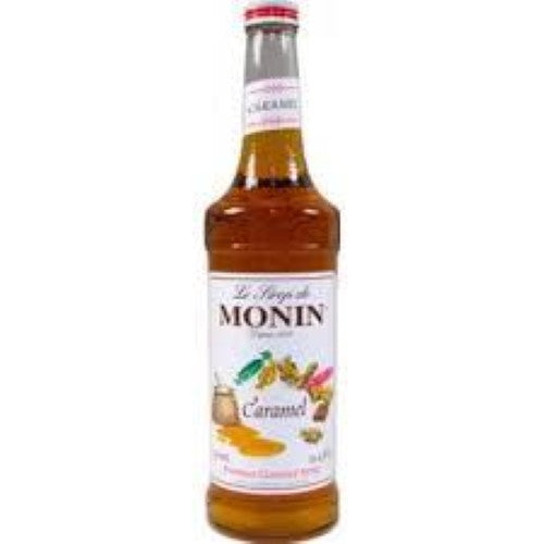 Monin 1L Caramel Syrup bottle, perfect for enhancing coffees, desserts, and smoothies with a rich, velvety flavor.