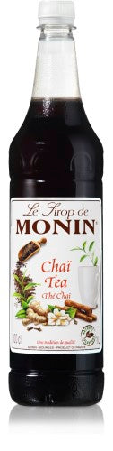 Monin Syrup Chai Tea 1L bottle, featuring a rich blend of spiced flavors for gourmet chai lattes and cocktails.